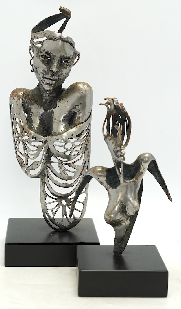 Two contemporary 'Brutalist' cast iron sculptures, initialled RI, tallest 39cm. Condition - fair to good